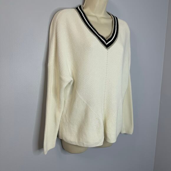Maje Meteo Ribbed V Neck Sweater Tennis Preppy Cotton Off White Sz 3 Large - Picture 7 of 13